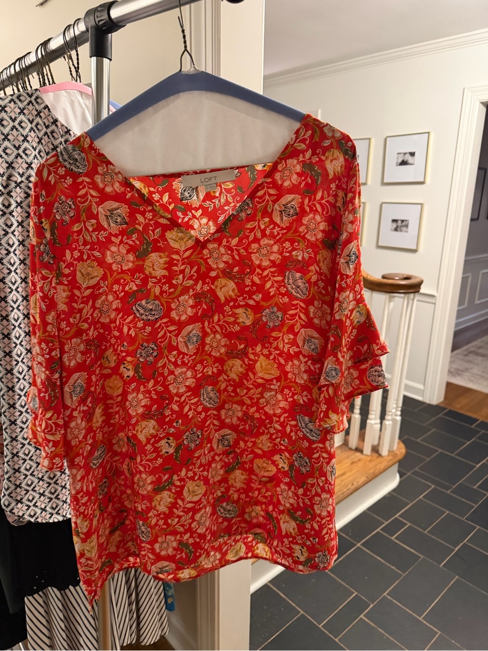 LOFT Red Floral V-Neck Blouse with Flutter Sleeves